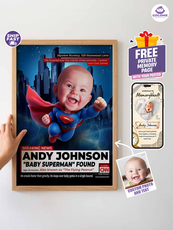 Custom Baby News Poster – Personalized Flying Hero Wall Art